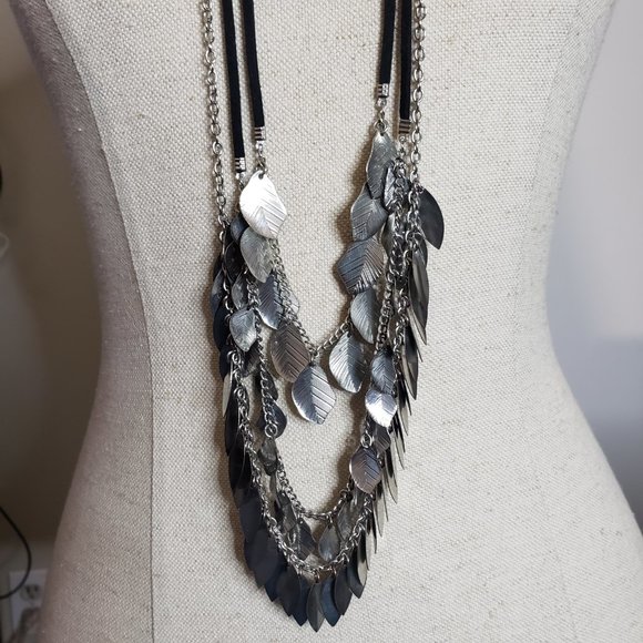 Leather & Chain Multi Strand Leaf Tassel Long Necklace 36" - Picture 2 of 6